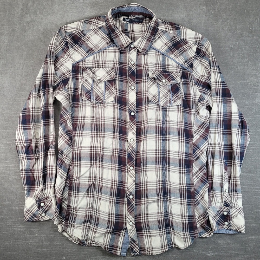 BKE Western Pearl Snap Shirt Mens XL White Purple Plaid Long Sleeve Standard Fit